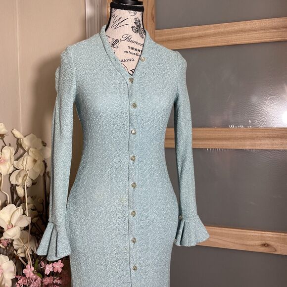 Mollie Parnis Women Evening Dress 1970s Vintage Gown Blue Long Sleeve Button Up - Picture 9 of 12